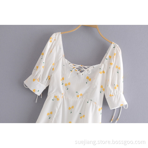 Backless Women's Yellow Cherry Lace-up Mini Dress